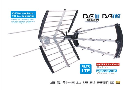 ANTV 245 UV - Antena kierunkowa DVB-T/T2 combo VHF/UHF MUX-1,2,3,MUX-8, polaryzacja V/H, 750 mm