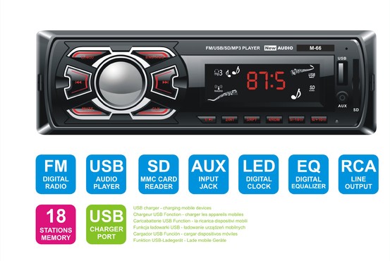 M-66 - radio odtwarzacz samochodowy USB/SD-MMC/FM z ekranem LED, port USB, czytnik kart SD/MMC, wejście Aux-in, wyjście 2xRCA