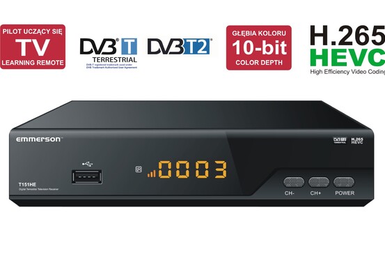 T 151 HE - Dekoder DVB-T2 H.265 HEVC z szybkim procesorem GX i pilotem uczącym się TV